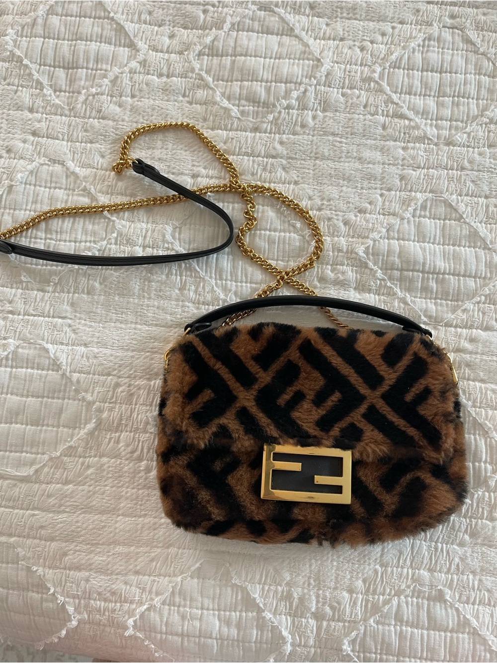 Fendi Brown and Black FF Shearling Crossbody Bag with Gold Chain